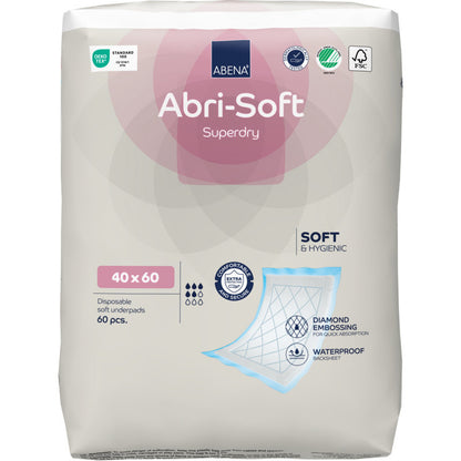 Eine Packung mit 60 Abena Re-Seller GmbH Einweg-Unterlage, Abri-Soft Superdry, Blau (40 x 60 cm). Perfekt für Pflegeeinrichtungen, zeichnen sie sich durch Weichheit, Hygiene, Rautenprägung und eine wasserfeste Unterseite aus.