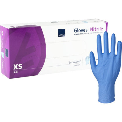 A purple-white box of Abena Re-Seller GmbH with Nitrile Gloves Excellent, powder-free, long, blue (size XS) is depicted. Next to it stands an upright blue glove; the box shows a glove illustration.
