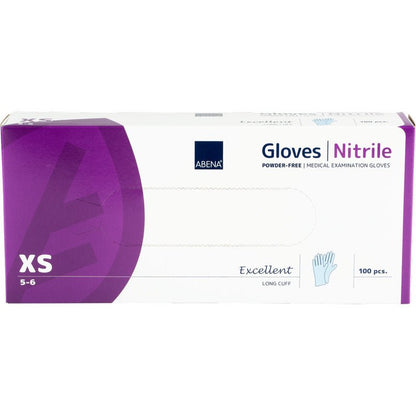 A rectangular box of Abena Re-Seller GmbH Nitrile Gloves Excellent, powder-free, long, blue, size XS (5-6), contains 100 medical examination gloves. The predominantly purple-white packaging ensures easy identification.