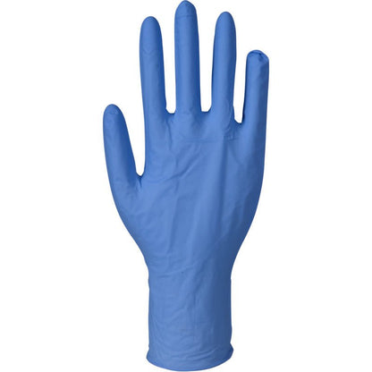 A single blue Abena Re-Seller GmbH Nitrile Glove Excellent, powder-free and long, is shown upright with a forward-facing palm and outstretched fingers.
