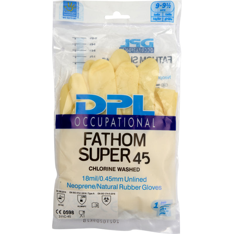 Eine durchsichtige Plastikverpackung enthält Abena Re-Seller GmbH Haushaltshandschuhe Latex, Gelb, Neopren Handschuhe. Die Verpackung zeigt Produktdetails, Größe 9-9,5 und Zertifizierungen.