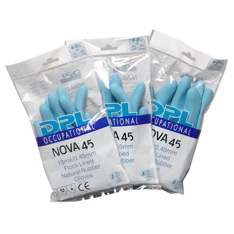 Pictured are three packages of Abena Re-Seller GmbH household latex gloves, blue, each containing one pair of blue gloves in a clear package with visible product information on the label.