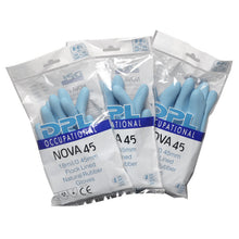 Drei ungeöffnete Packungen Abena Re-Seller GmbH Haushaltshandschuhe Latex, Blau, jeweils ein Paar flockgefütterte Handschuhe pro Packung. Produktinfos und Größen sind auf jeder Packung aufgedruckt.