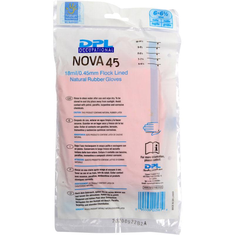 A transparent plastic packaging contains Abena Re-Seller GmbH household latex gloves, pink, size 6-6½. The packaging displays product details, usage instructions, and safety information in blue and black text.