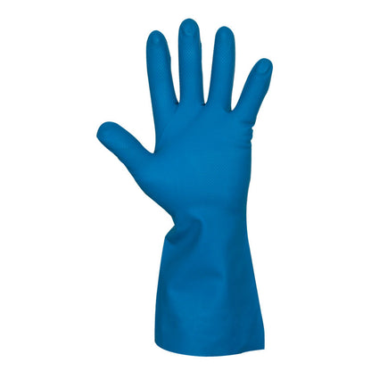 A single blue household nitrile glove from Abena Re-Seller GmbH stands upright with splayed fingers against a white background, appears unused, and is intended for hand protection during cleaning tasks.