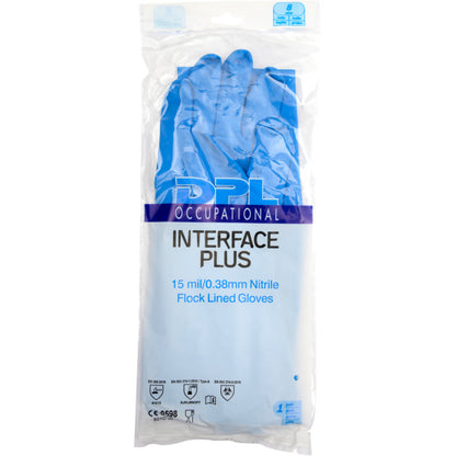 A transparent plastic packaging contains a pair of blue household nitrile gloves from Abena Re-Seller GmbH with the label "Nitrile, Blue." Certification symbols are located at the bottom of the packaging.