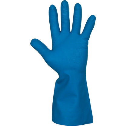 A single blue household nitrile glove from Abena Re-Seller GmbH is presented upright, with splayed fingers and palm facing forward, against a plain white background.