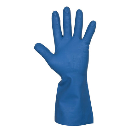A blue household nitrile glove from Abena Re-Seller GmbH is seen upright with splayed fingers and palm facing forward. The latex-free glove has a textured surface and extended cuff.