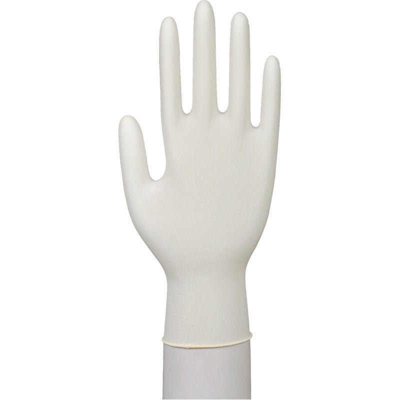 A single Latex Glove Excellent, powder-free from Abena Re-Seller GmbH, is seen on a raised hand with outstretched fingers against a white background.