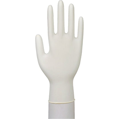 A single Latex Glove Excellent, powder-free from Abena Re-Seller GmbH, is seen on a raised hand with outstretched fingers against a white background.