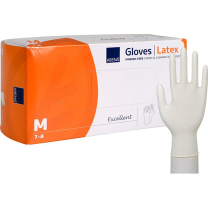 A box of Abena Re-Seller GmbH Latex Gloves Excellent, powder-free, size Medium (7-8), with a single disposable glove in front of the white-orange packaging.