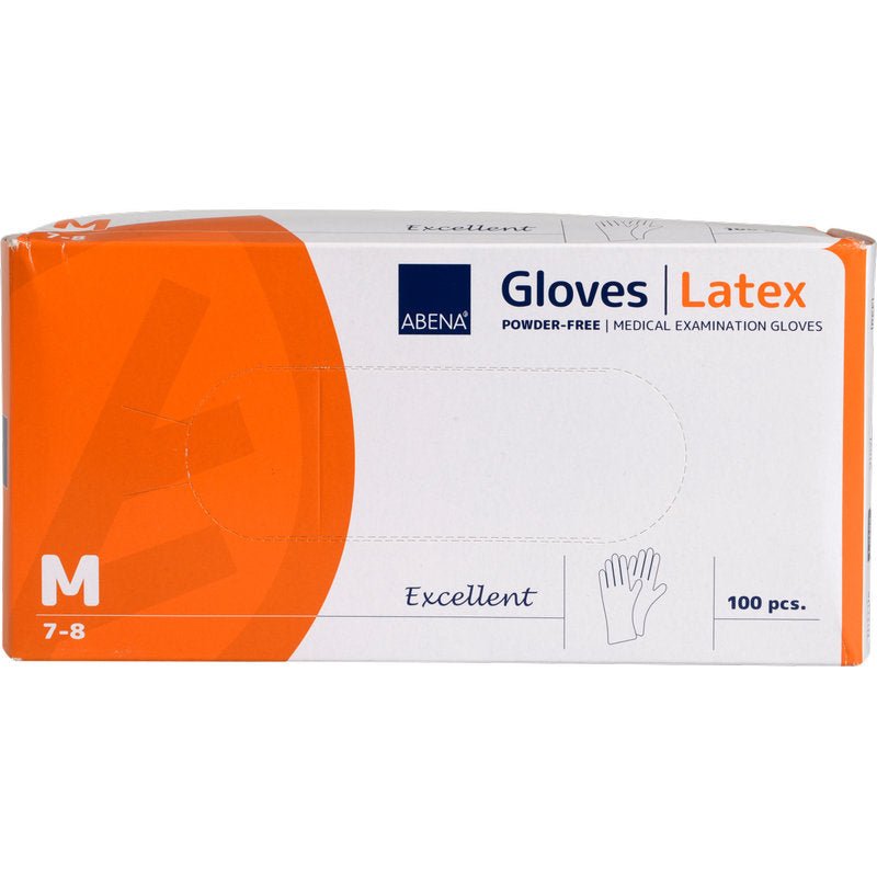 A box of Abena Re-Seller GmbH Latex Gloves Excellent, powder-free, size medium (7-8), contains 100 disposable gloves. The predominantly white packaging has orange accents and detailed product information on the front.