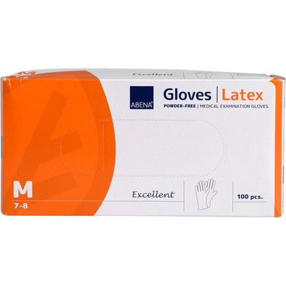 A box of Abena Re-Seller GmbH Latex Gloves Excellent, powder-free, size medium (7-8), contains 100 disposable gloves. The predominantly white packaging has orange accents and detailed product information on the front.
