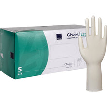 Eine Packung Abena Re-Seller GmbH Latex-Handschuhe Classic, puderfrei, lang, natur, Größe Small - ein weißer Latex-Handschuh steht aufrecht neben der Verpackung. Ideal für medizinische Anwendungen und langanhaltenden Schutz.