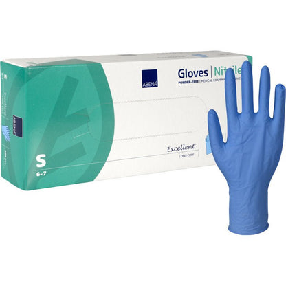 A box of Abena Re-Seller GmbH Nitrile Gloves Excellent, Powder-Free, Long, Blue in size Small is shown next to a single upright blue glove, highlighting its shape.