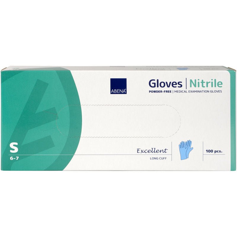 A rectangular box of Abena Re-Seller GmbH Nitrile Gloves Excellent, Powder-Free, Long, Blue, size S (6-7), contains 100 powder-free medical gloves. The mostly white-tea-colored box features product information and a blue glove graphic.