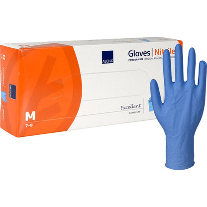 A box of Abena Re-Seller GmbH Nitrile Gloves Excellent, powder-free, long, blue, size M (7-8), is shown. Next to the box, a single blue glove stands upright with an extra-long cuff.