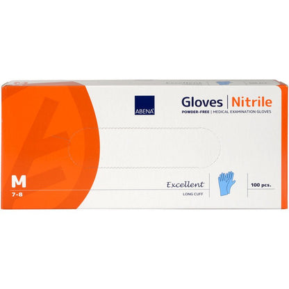 A rectangular box of Abena Re-Seller GmbH contains 100 Nitrile Gloves Excellent, powder-free, long, blue, size M (7-8). The packaging is predominantly white with orange accents and blue lettering.