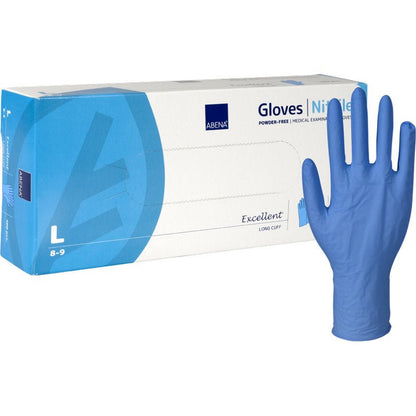 Pictured is a box of Abena Re-Seller GmbH Nitrile Gloves Excellent, Powder-Free, Long, Blue in size large, with a blue, long, powder-free glove standing upright next to the white-blue accented packaging.