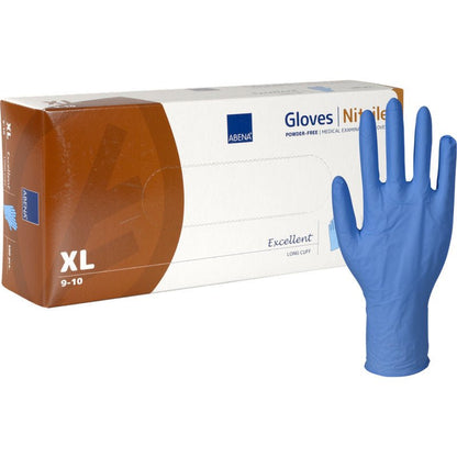 The image shows a box of Nitrile Gloves Excellent, Powder-Free, Long, Blue by Abena Re-Seller GmbH (size XL) with a single upright glove - ideal for medical examinations.