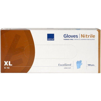 The rectangular box "Nitrile Gloves Excellent, Powder-Free, Long, Blue" by Abena Re-Seller GmbH contains 100 medical examination gloves in size XL (9-10) and shows a blue glove on the front.