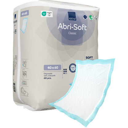 Pictured is a 60-pack of Abena Re-Seller GmbH disposable underpad Abri-Soft Classic (40x60 cm, blue) with a pad outside the packaging with a white absorbent core and blue border.