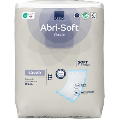 A pack of 60 Abena Re-Seller GmbH disposable underpads, Abri-Soft Classic, 40x60 cm, blue. The predominantly white and light gray packaging emphasizes softness, the waterproof underpad, and additional protection.