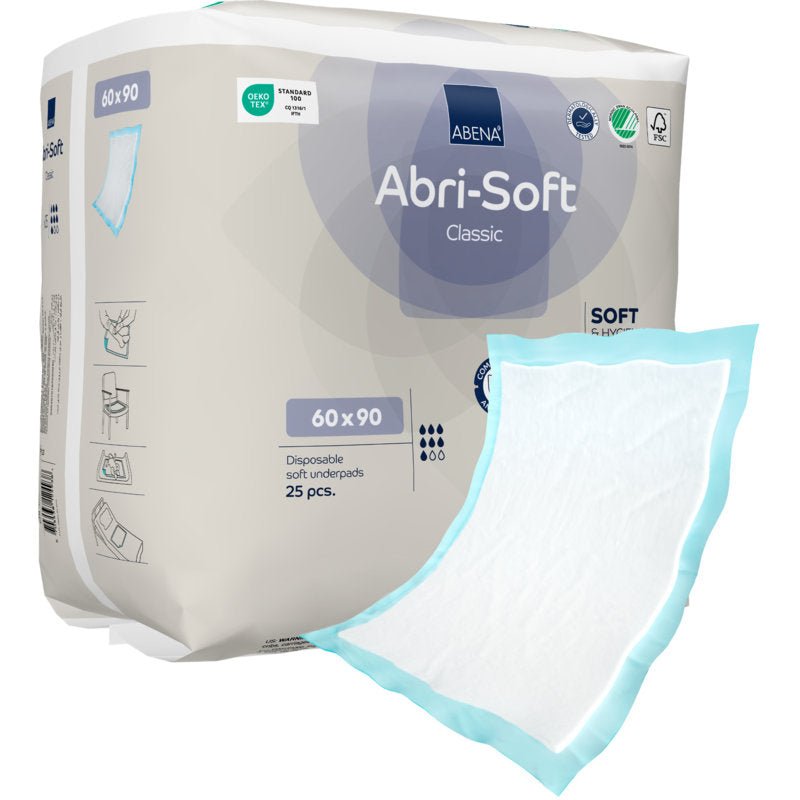 A pack of Abena Re-Seller GmbH disposable underpads Abri-Soft Classic (60x90 cm, blue), contains 25 pieces. The front of the package shows an individual disposable underpad with a blue border and white center.