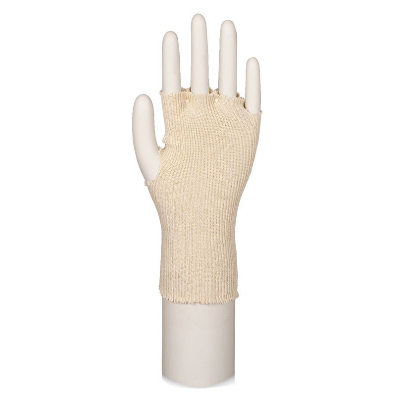 The fingerless cotton gloves, one-size | pack (24 pieces) by Abena Re-Seller GmbH are depicted on a white hand puppet and cover the wrist and palm - ideal for sensitive hands, with the fingers remaining free.