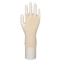 The fingerless cotton gloves, one-size | pack (24 pieces) by Abena Re-Seller GmbH are depicted on a white hand puppet and cover the wrist and palm - ideal for sensitive hands, with the fingers remaining free.