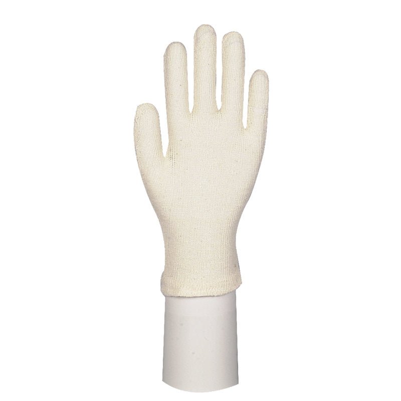 A single cream-colored cotton glove with fingers from Abena Re-Seller GmbH stands upright on a cylindrical white stand against a plain background. This simple five-finger glove is ideal for gardening or occupational safety.