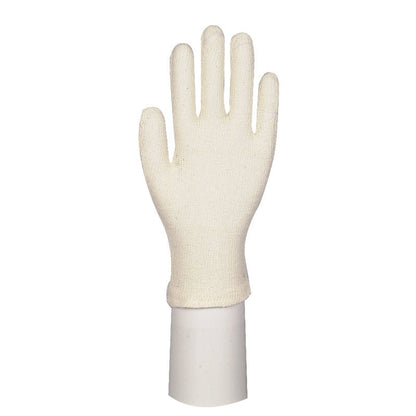 A single cream-colored cotton glove with fingers from Abena Re-Seller GmbH stands upright on a cylindrical white stand against a plain background. This simple five-finger glove is ideal for gardening or occupational safety.