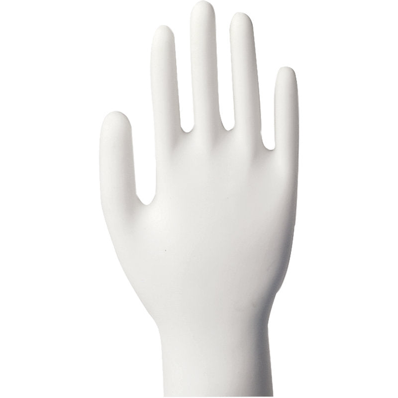 Eine weiße, aufrecht stehende Puppenhand mit leicht gespreizten Fingern, dargestellt vor einem unifarbenen Hintergrund, ähnelt Abena Re-Seller GmbH Vinyl-Handschuhe Classic, puderfrei und transparent.