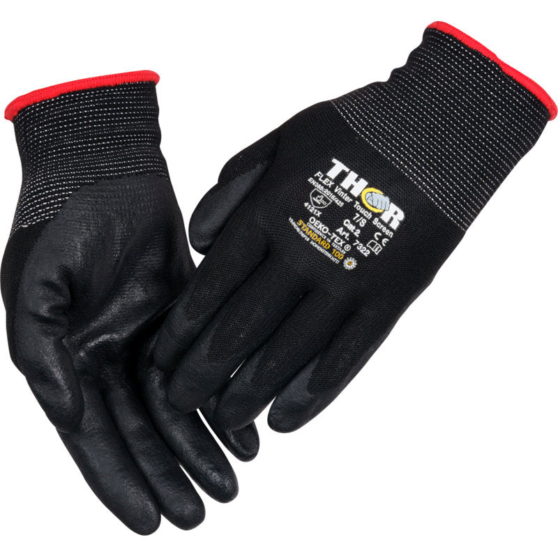 A pair of black Thor Flex winter work gloves from Abena Re-Seller GmbH with red-edged cuffs and branding with size and safety information in white and yellow on the back of one glove.