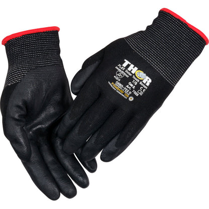 A pair of black Thor Flex winter work gloves from Abena Re-Seller GmbH with red-edged cuffs and branding with size and safety information in white and yellow on the back of one glove.
