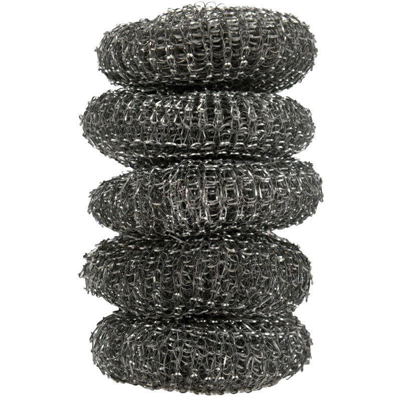 A pack of five 16 g scouring pads from Abena Re-Seller GmbH, each in disc form and made of coiled metal wire - perfect for kitchen cleaning and scrubbing pots and pans.