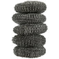 A pack of five 16 g scouring pads from Abena Re-Seller GmbH, each in disc form and made of coiled metal wire - perfect for kitchen cleaning and scrubbing pots and pans.
