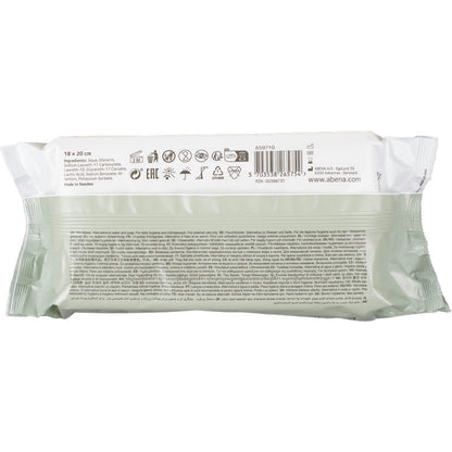 A package of the Abena Re-Seller GmbH discontinued items: Abena moist care wipes (softbox with plastic lid, 80 wipes) with text, barcode, and symbols on the back - perfect for gentle cleaning and hygiene on the go.