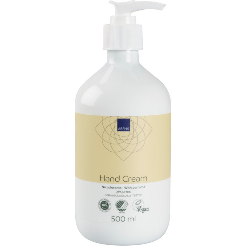 A white 500ml pump bottle labeled "Hand cream, 21% fat content, lightly perfumed" by Abena Re-Seller GmbH; beige-gold label; vegan, dermatologically tested, perfumed, and free of dyes.