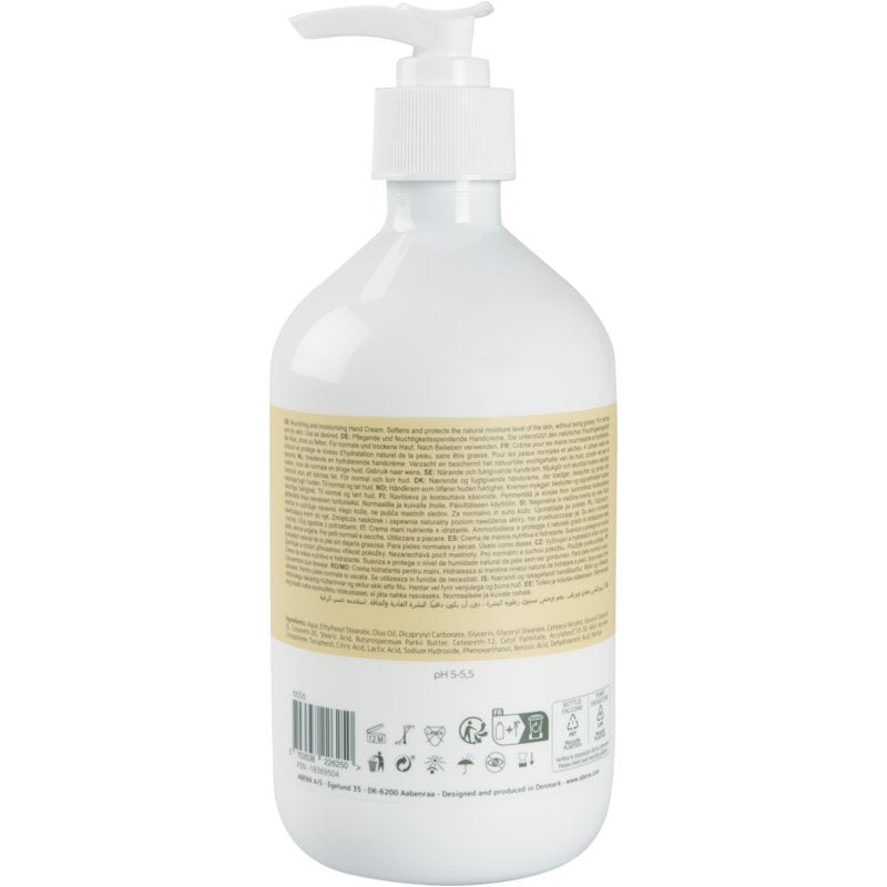 White plastic pump bottle with a beige label on the back with product information, ingredients, and recycling symbols for Abena Re-Seller GmbH hand cream, 21% fat content, lightly perfumed.