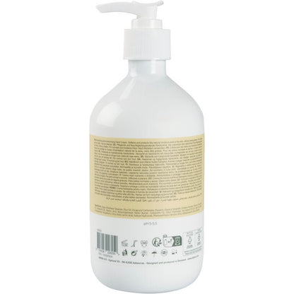 White plastic pump bottle with a beige label on the back with product information, ingredients, and recycling symbols for Abena Re-Seller GmbH hand cream, 21% fat content, lightly perfumed.
