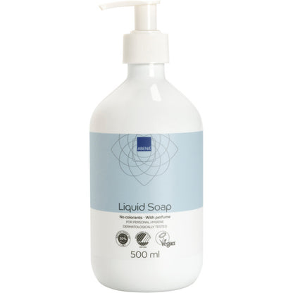 A white bottle of Abena Re-Seller GmbH Liquid Hand Soap, lightly perfumed, with a pump and blue label. The 500 ml vegan soap is dermatologically tested and free from dyes.