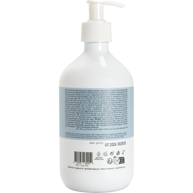 A white pump bottle of "Liquid Hand Soap, lightly perfumed" from Abena Re-Seller GmbH stands upright against a simple white background, showing its blue back label with product information, instructions, barcode, symbols, and fine print.