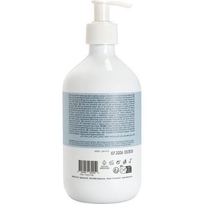 A white pump bottle of "Liquid Hand Soap, lightly perfumed" from Abena Re-Seller GmbH stands upright against a simple white background, showing its blue back label with product information, instructions, barcode, symbols, and fine print.