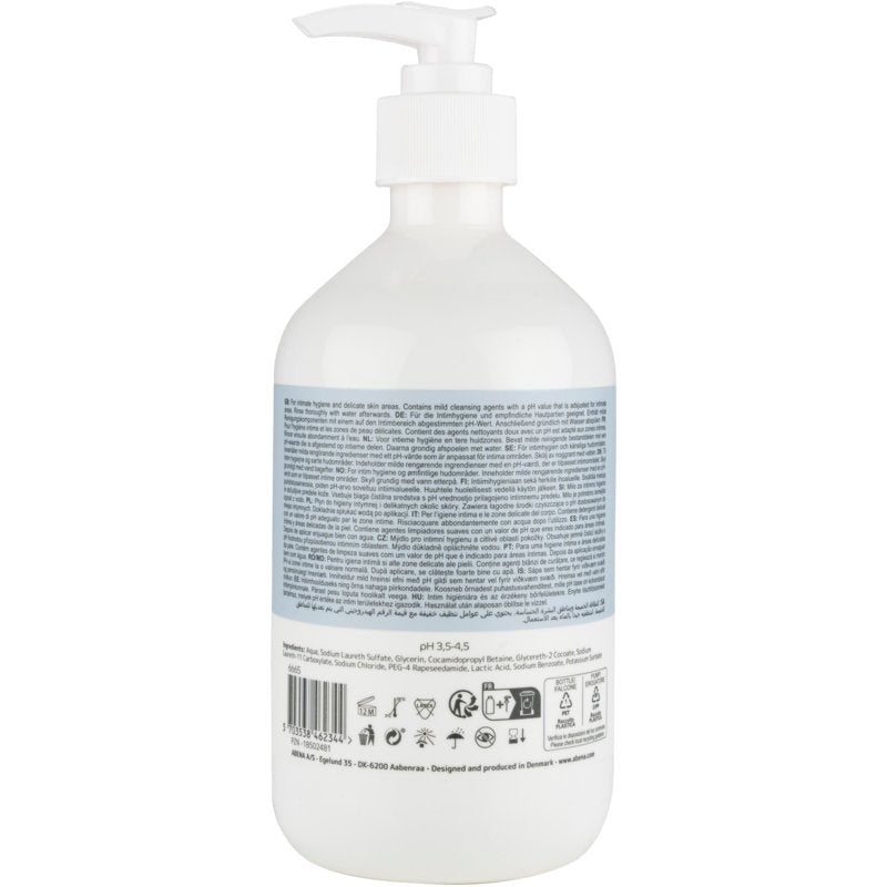 The Abena Re-Seller GmbH intimate care soap (500 ml, box with 6 packs) comes in a white plastic pump bottle with a blue label and barcode - ideal for gentle cleaning and intimate care.