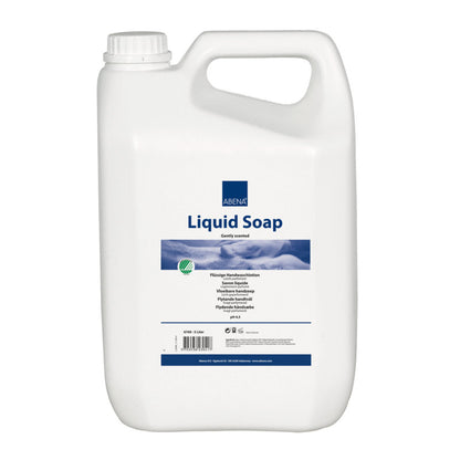 A large white plastic container with a handle and screw cap, labeled "Abena Re-Seller GmbH Liquid Hand Soap, lightly perfumed". The multilingual label provides information about the product.