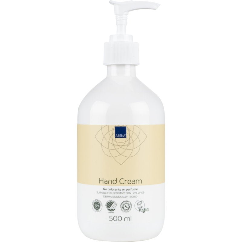 A 500 ml pump bottle of Abena Re-Seller GmbH hand cream, 21% fat content, unscented. Dermatologically tested, vegan, suitable for sensitive skin; contains no dyes and no perfume. Beige label.