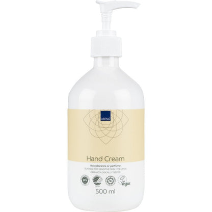 A 500 ml pump bottle of Abena Re-Seller GmbH hand cream, 21% fat content, unscented. Dermatologically tested, vegan, suitable for sensitive skin; contains no dyes and no perfume. Beige label.