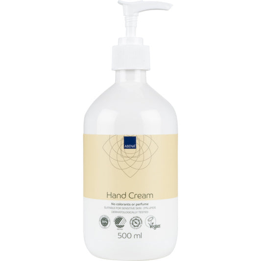 Eine 500 ml Pumpflasche der Abena Re-Seller GmbH Handcreme, 21% Fettgehalt, unparfümiert. Dermatologisch getestet, vegan, für empfindliche Haut geeignet; enthält keine Farbstoffe und kein Parfüm. Beigefarbenes Etikett.