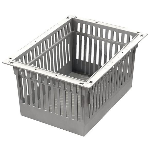 A gray Novocal ABS module storage system, divisible and including pull-out stops, with vertical slats and a solid base for ventilation or drainage, is shown at an angle.